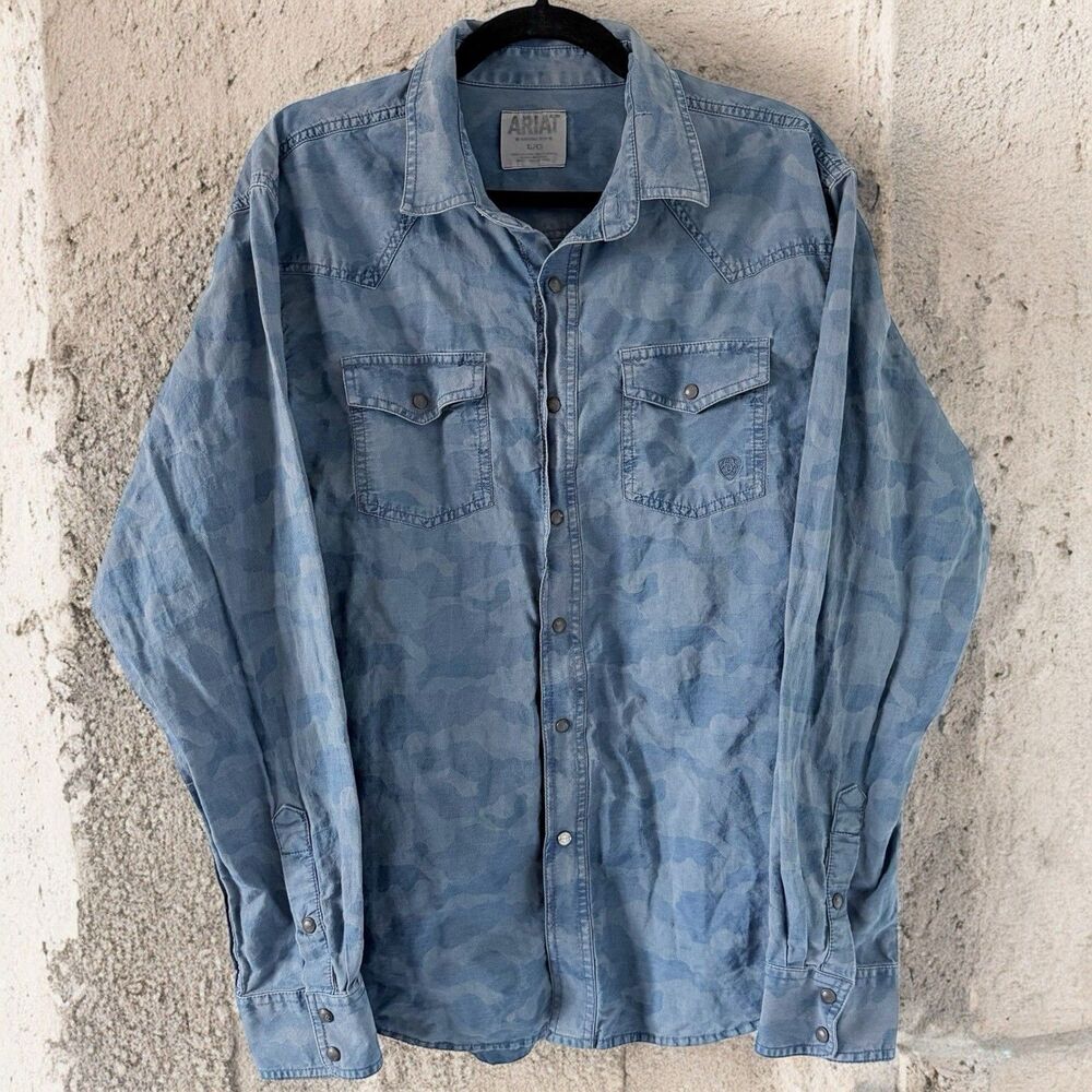 Ariat Retro Fit Mens L Large Pearl Snap Blue Camo Button Front Shirt 100% Cotton